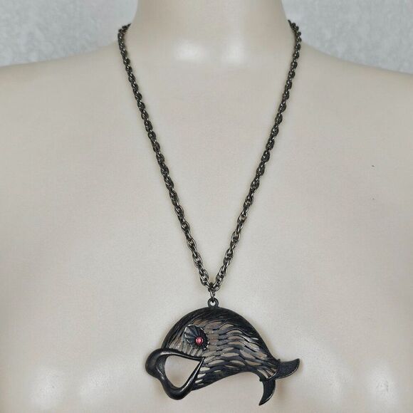 Vtg JJ Jonette Large Pewter Fish Pendant Necklace Open Mouth Red Rhinestone Eye - Picture 1 of 15